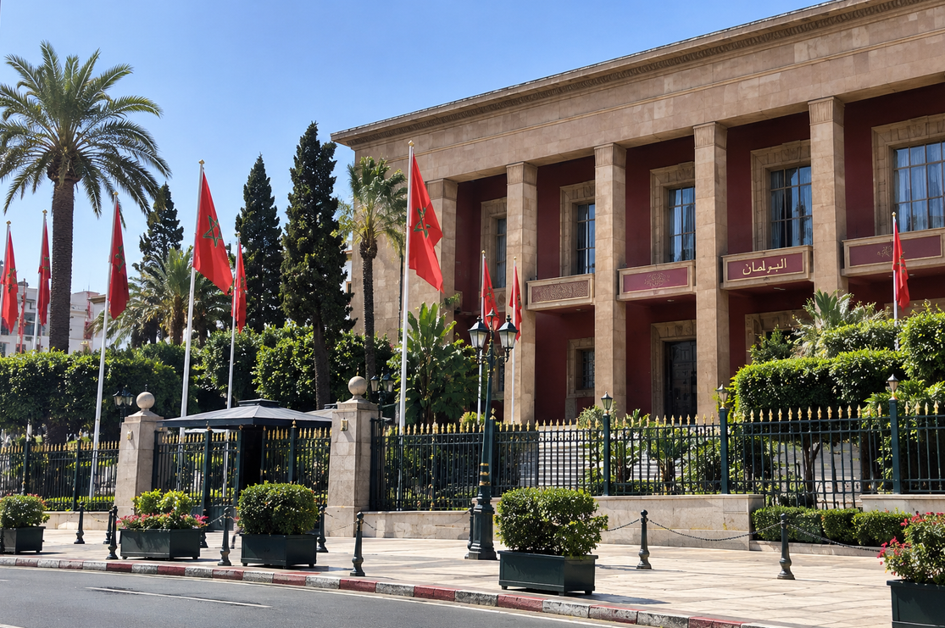 Façade du Parlement marocain à Rabat, bordée de palmiers et de drapeaux marocains