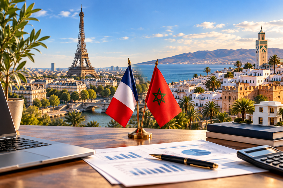 Bureau avec les drapeaux français et marocain, la tour Eiffel d'un côté et une ville côtière marocaine de l'autre