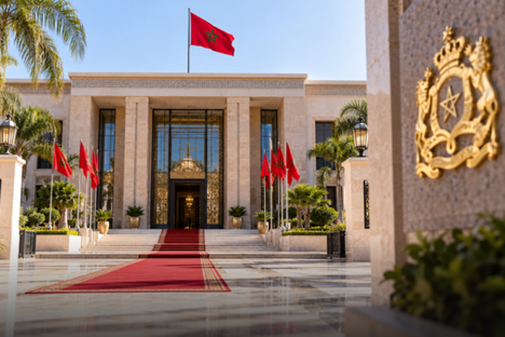 Fachada del Palacio Real de Rabat con la bandera marroquí y una alfombra roja