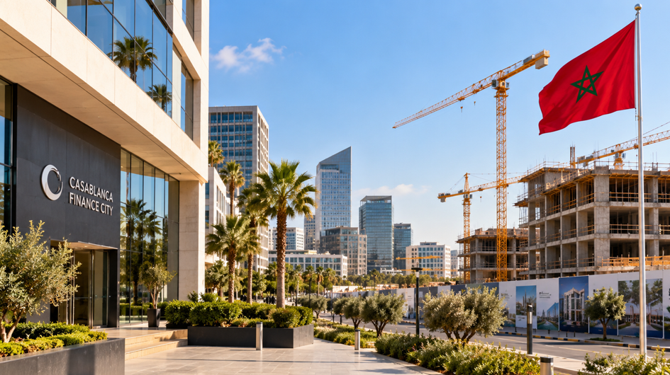 Quartier d'affaires de Casablanca Finance City avec grues de chantier et drapeau marocain